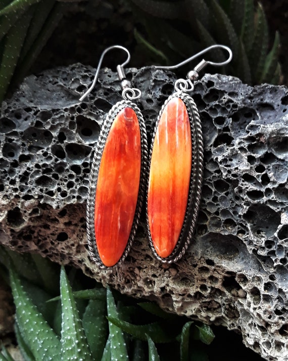 Oval Handmade Earrings Orange Spiny Oyster Sterling Silver Earrings