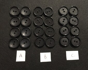 8 x Vintage Various Black Plastic Buttons. 16mm.