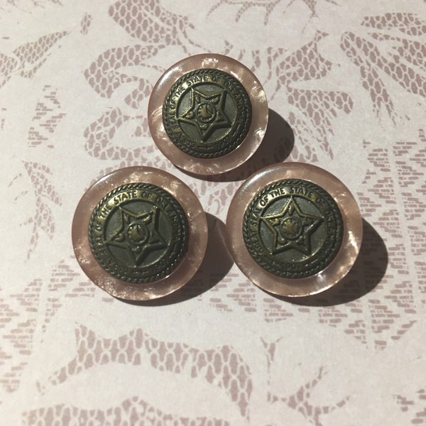 Set of Three 1907 Great Seal of the State of Oklahoma Peach Vintage Buttons. 20mm.