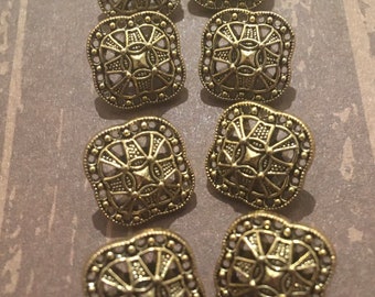 6 x vintage Or Toned Ornate Square Buttons. 13mm.