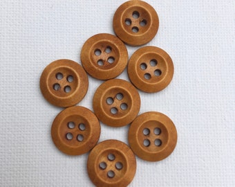 Set of eight wooden four hole buttons. 13mm. Crafting/scrapbooking/sewing.