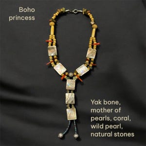 Boho Yak Bone Necklace: Mother of Pearl, Coral & Wild Pearls