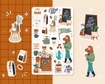 Hoja de Stickers - Coffee Shop - Para Bullet Journal y Planners