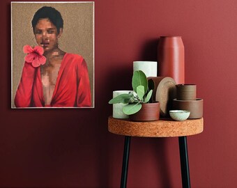 Exotic fine Art print | Feminine wall decor | Pixel woman in red holding hibiscus flower | Sand background art print