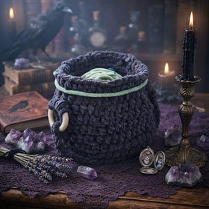 May include: A dark purple, chunky crochet basket with a light green rim and two white circular handles. The basket is filled with light green yarn and features a textured, thick yarn construction with a rounded, pot-like shape.