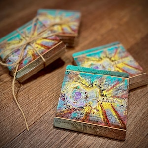Nashville Art Coasters: Set of 4, Abstract Music Painting, Guitar City Skyline, Bar Gifts, Home, Kitchen, Stocking Stuffer