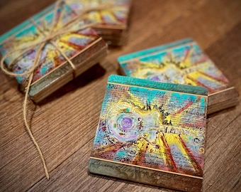 Nashville Art, Coasters Set of 4, Abstract Painting, Guitar City Skyline, Music of Nashville, Bar Gifts, Home, Kitchen, Stocking Stuffer