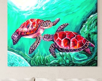 Raj żółwi morskich, malarstwo zwierząt, sztuka ścienna na płótnie, wystrój tropikalny oceanu, plaża, żółwie, ochrona, sztuka karaibska, prezent dla niego i dla niej