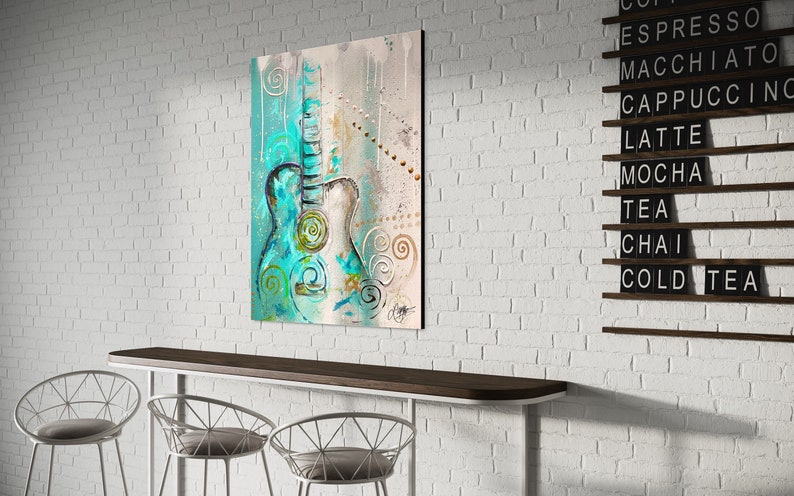 May include: Abstract painting of a teal and white guitar with swirls and dots on a beige background.