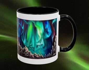 Northern Lights Accent Coffee Mug, Aurora Borealis Art, 11oz, Gift for Nature Lovers, Outdoor Enthusiasts, Mountain Landscape, Kitchenware