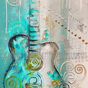 May include: Abstract painting of a teal blue acoustic guitar with gold and white swirls on a white background.