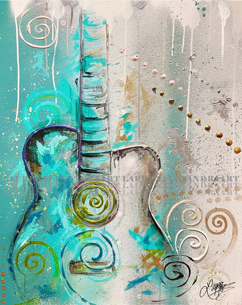 May include: Abstract painting of a teal blue acoustic guitar with gold and white swirls on a white background.