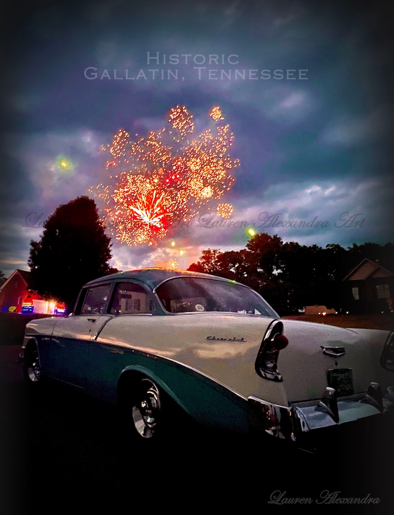 Vintage Fireworks Red Classic Car Photo, Independence Day Celebration, Photography, Chevrolet