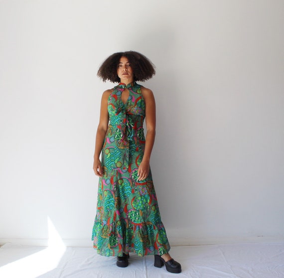 Vintage 70s green psychedelic print cut out maxi d