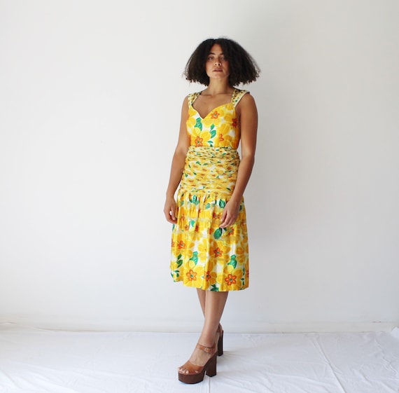 Vintage 1980s orange and yellow floral party dress