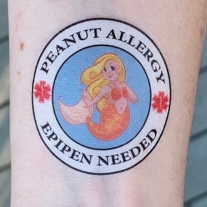 Peanut Allergy Epipen Needed Medical Alert Temporary Tattoo- Mermaid