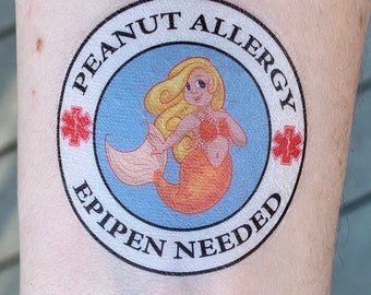 Peanut Allergy Epipen Needed Medical Alert Temporary Tattoo- Mermaid