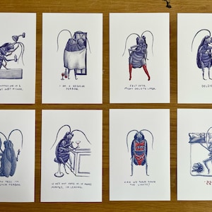 May include: A set of eight white cards with blue and red illustrations of anthropomorphic cockroaches. Each card features a different scene, with text captions such as "I am a regular person" and "Felt cute, might delete later."