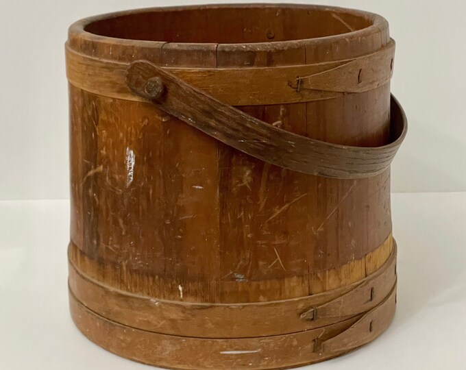 Large Wooden Firkin Bucket 12 Primitive Rustic Farmhouse Decor, Storage