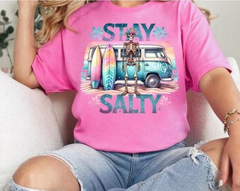 Stay Salty Retro Tshirt | Funny Summer Skeleton | Snarky Skeleton | Summer Vacation | Salty Beach Shirt