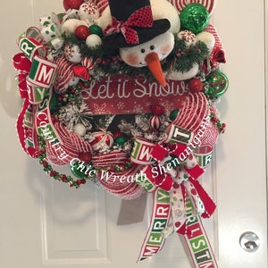 Let it Snow Snowman Red and White Candy Wreath Snowman Merry Christmas Snowman Wreath Whimsical Snowman Door Decor Merry Christmas Ribbon