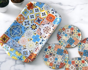 Tray Set with 4 Coasters | Turkish Design Tray | Ottoman / Mediterranean Pattern Tray Set| Housewarming Gift | Mother’s Day Birthday Wedding