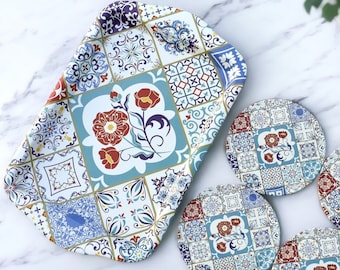 Tray Set with 4 Coasters | Turkish Design Tray | Ottoman / Mediterranean Pattern Tray Set| Housewarming Gift | Mother’s Day Birthday Wedding