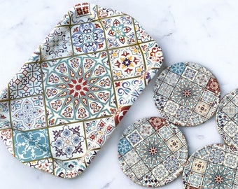 Tray Set with 4 Coasters | Turkish Design Tray | Ottoman / Mediterranean Pattern Tray Set| Housewarming Gift | Mother’s Day Birthday Wedding