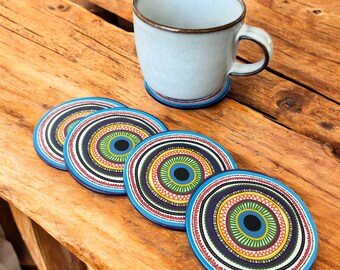 Evil Eye Untersetzer Set von 4 oder 6, türkisches Nazar Untersetzer-Set, buntes Boho-Dekor, Kaffeetischdekor, Einweihungsgeschenk, Schutzgeschenk