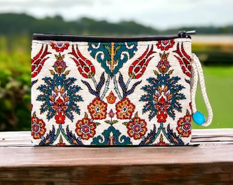 Monedero de tela auténtica de Kilim / Diseño de tulipanes rojos otomanos / Diseño de alfombra turca / Cartera de mano con cremallera / Bolsa / Monedero pequeño para guardar monedas
