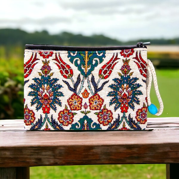 Authentic Kilim Fabric Purse | Ottoman Red Tulips Design | Turkish Rug Design | Zipper Clutch | Pouch | Coin Purse Wallet Small Storage