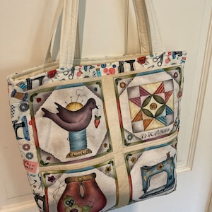 Handmade Quilted Tote Bag: Sewing Motif Patchwork, Large Fabric Shoulder Bag