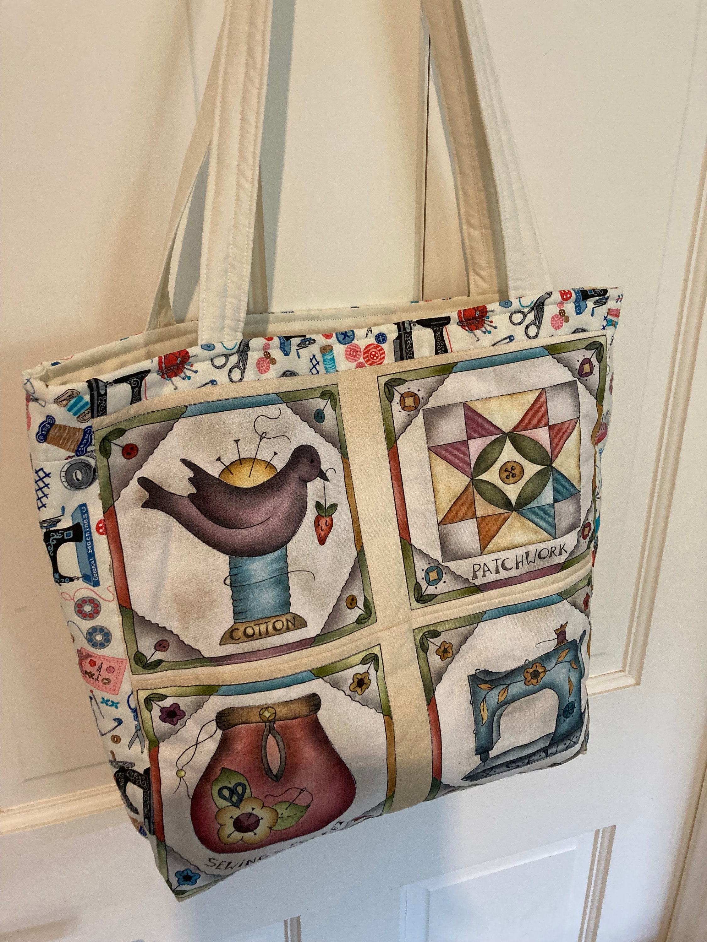 Quilted Tote Bags Featuring Sewing Motifs ,large Patchwork