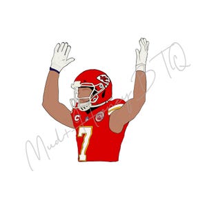 May include: Illustration of a football player in a red uniform with the number 7, raising both arms in celebration. The player wears a red helmet and white gloves. The image has a white background.