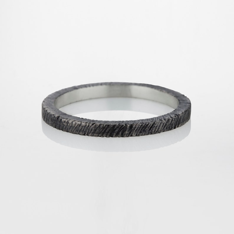 with a gentle striped texture Delicate square profile wedding ring made of oxidized Sterling Silver