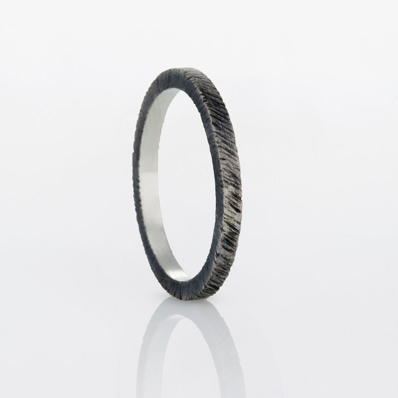 with a gentle striped texture Delicate square profile wedding ring made of oxidized Sterling Silver