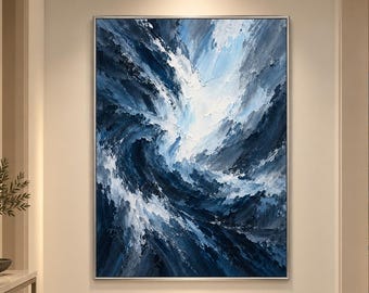 Blue Wave Painting Heavy Textured Canvas Ocean Sea Foam Navy White Coastal Wall Decor