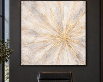 Oversized Gold Leaf Sunburst Abstract Painting Heavy Textured Ivory Grey Radial Starburst Wall Decor