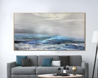 Gran pintura abstracta del océano: lienzo moderno de paisaje marino con olas azules para decoración de paredes costeras