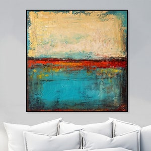 Large Abstract Painting in Blue, Red, and Beige – Textured Mark Rothko Style Art