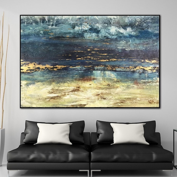 Arte mural oceánico dorado y azul: pintura abstracta de paisaje marino con textura