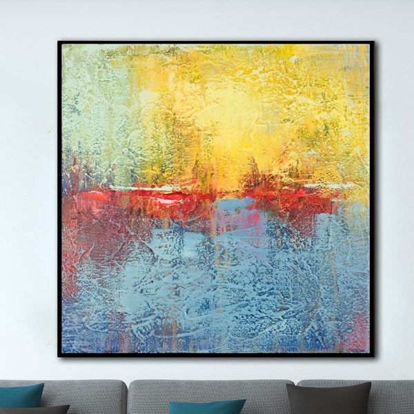 Large Blue & Yellow Abstract Painting Colorful Acrylic Painting on Canvas Green And Red Wall Art Modern Picture For Living Room Decor