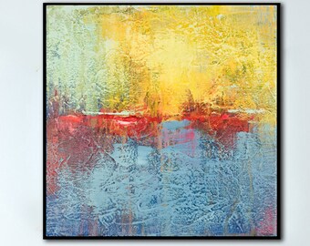 Large Blue & Yellow Abstract Painting Colorful Acrylic Painting on Canvas Green And Red Wall Art Modern Picture For Living Room Decor