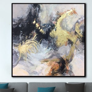 Large Beige and Gold Abstract Oil Painting: Textured Modern Canvas Art