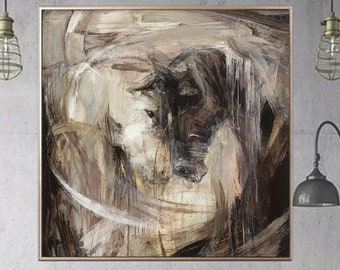 Twee paarden olieverfschilderij op canvas Abstract paard Liefde schilderij Paard kunst voor paardenliefhebber Bruine en witte moderne kunst voor bruidspaar