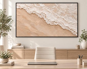 Oversized Coastal Ocean Wave Painting Neutral Beige Sand 3D Plaster Seascape Wall Decor