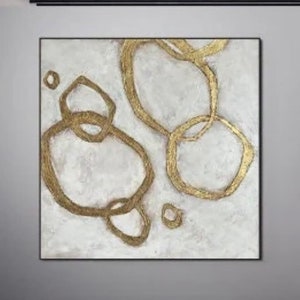 Gold White Abstract Painting Interlocking Rings: Large Textured Impasto Canvas Luxury Wall Art