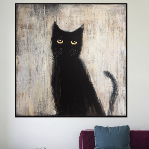 Black Cat Painting Cat Wall Art Animal Painting Abstract Canvas Wall Art Original Oil Painting Cat Artwork Oversize Canvas Wall Art