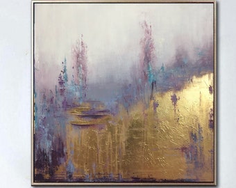 Luxury Forest Abstract Purple & Gold Painting Original Oil Painting on Canvas Creative Art for Living Room Home Decor Golden Nature