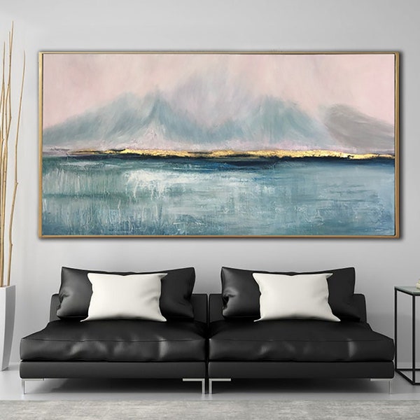 Ocean Abstract Painting / Gold Navy Blue Wall Art Framed Acrylic Oil Painting Original Textured Wall Art Living Room Above Bed Art Modern